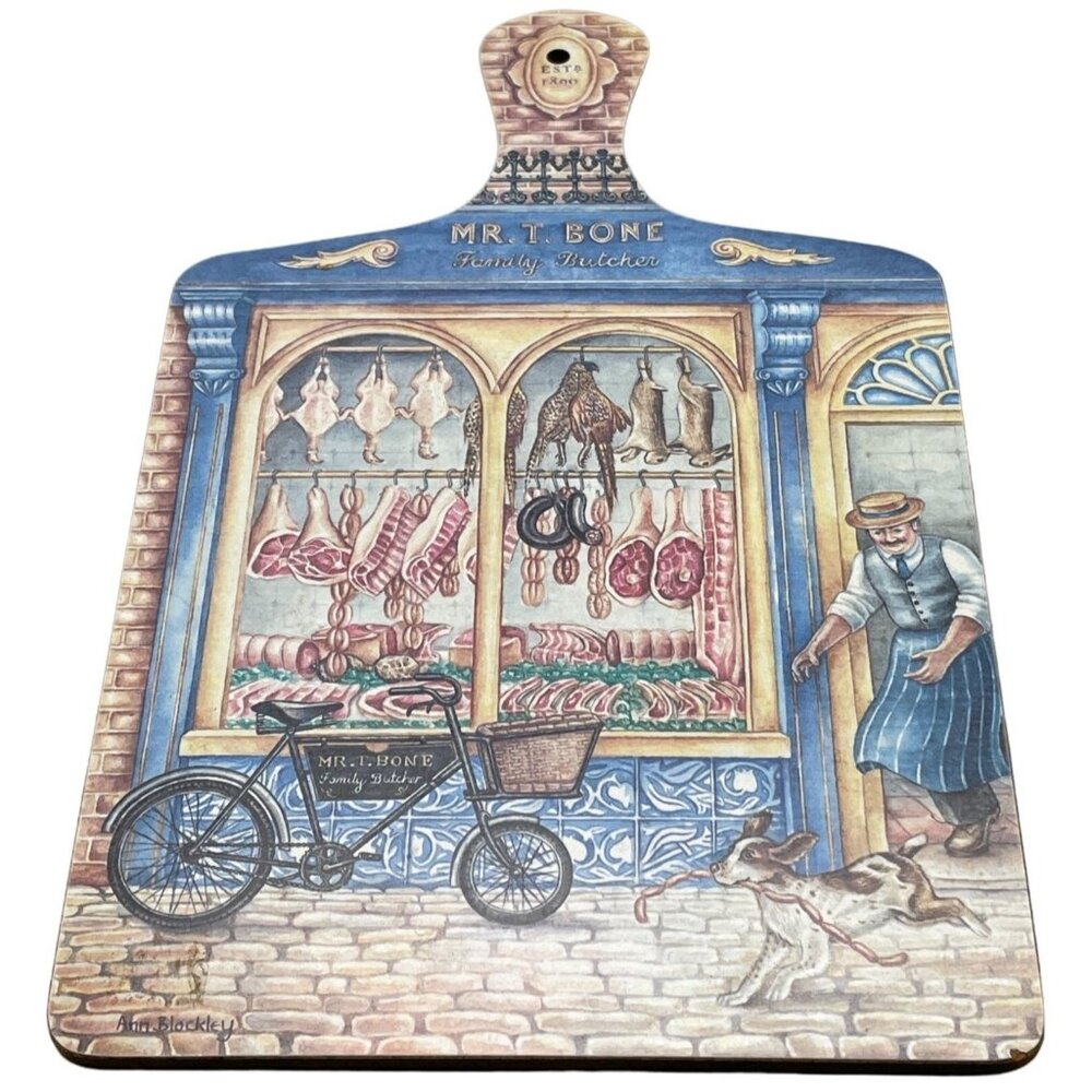 Very collectable chopping board area to hang 1890 butcher shop dog Mr. t. READ